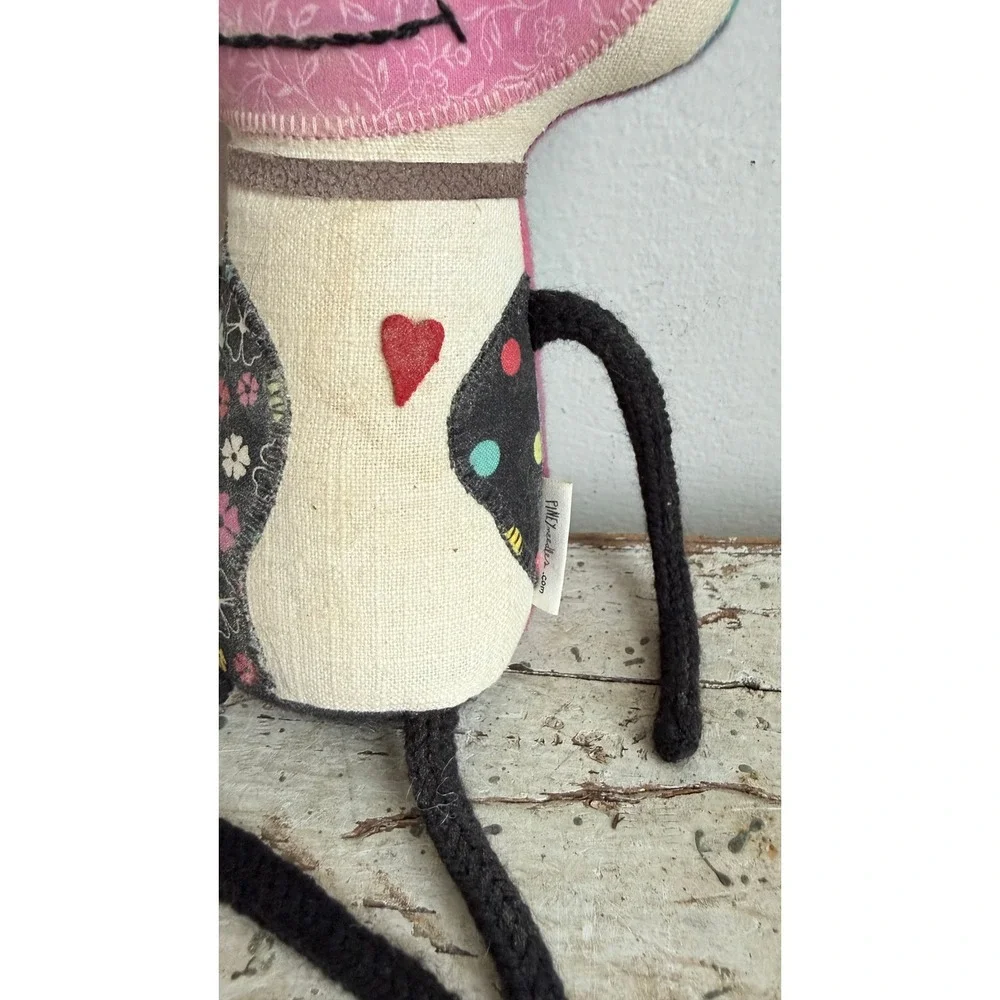 Pink Needle Felted Cow Plush Patchwork Floral Plaid Heart Bell Toy